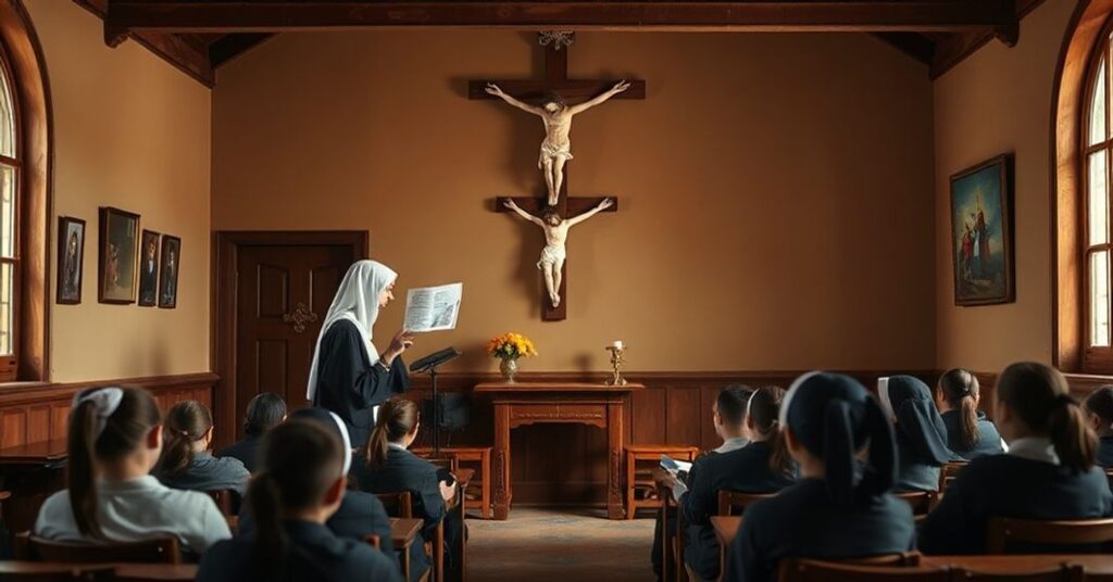 Tradycyjna klasa katolicka z siostrą w habitie uczy młodych uczniów przy krzyżu