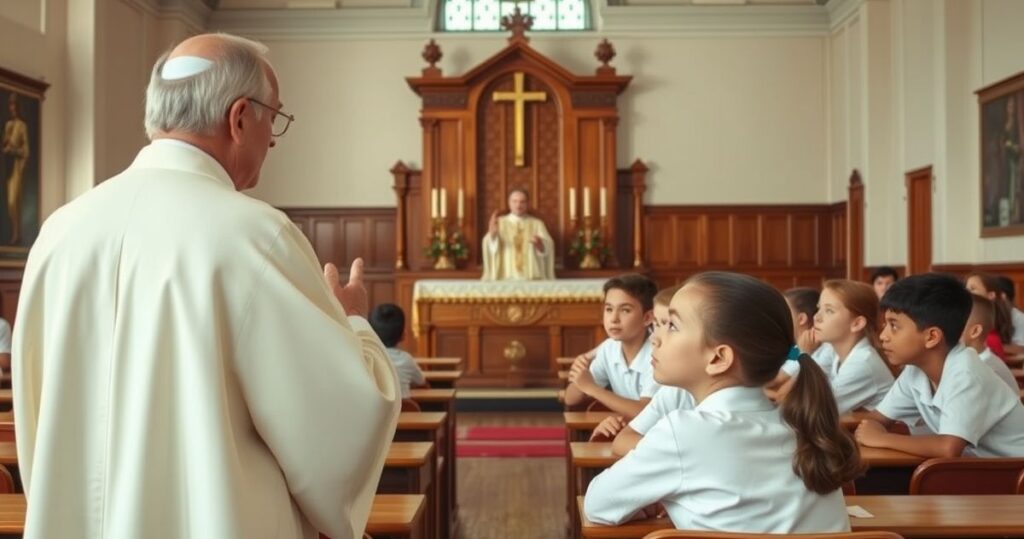Obraz katolickiego nauczyciela i uczniów w klasie, symbolizujący tradycyjne nauczanie moralności katolickiej przeciwko nowoczesnym ideologiom