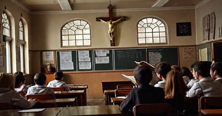 Stary katolicki nauczyciel w sutannie uczy z Tridentyńskiego Katechizmu w klasie z krzyżem i modlącymi się uczniami.