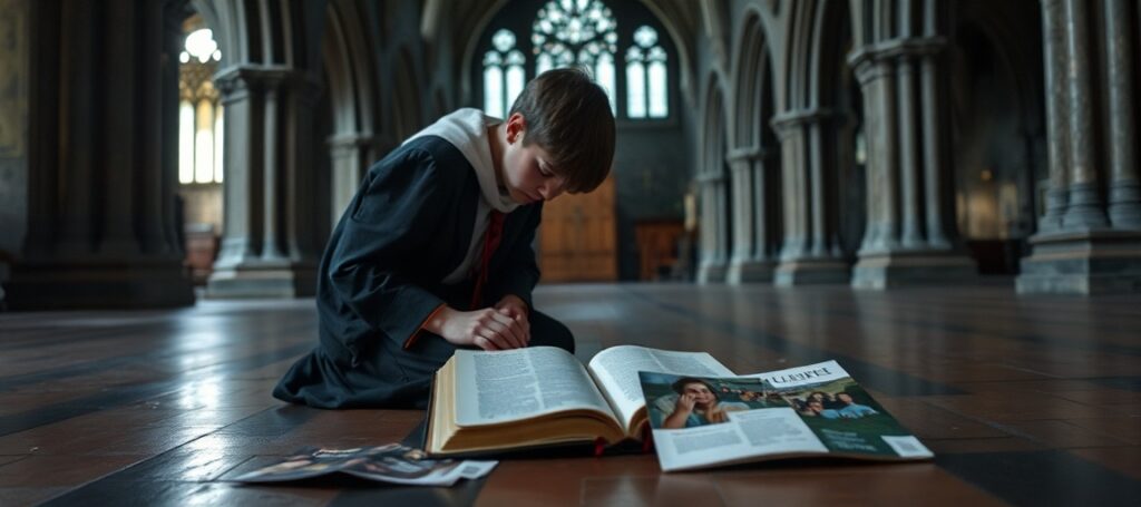 Młody katolicki student modli się przed Biblią w kaplicy gotyckiej, z porzuconym prospectem świeckiej uczelni na podłodze