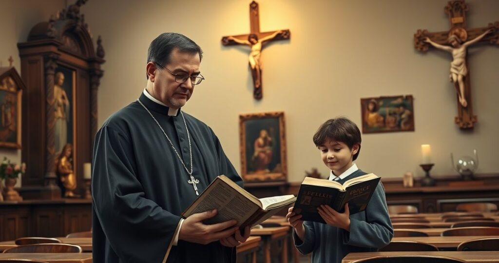 Rewers katolickiej edukacji: duchowa scena z księdzem i uczniem w tradycyjnym otoczeniu, podkreślająca wartości religijne w obliczu materializmu
