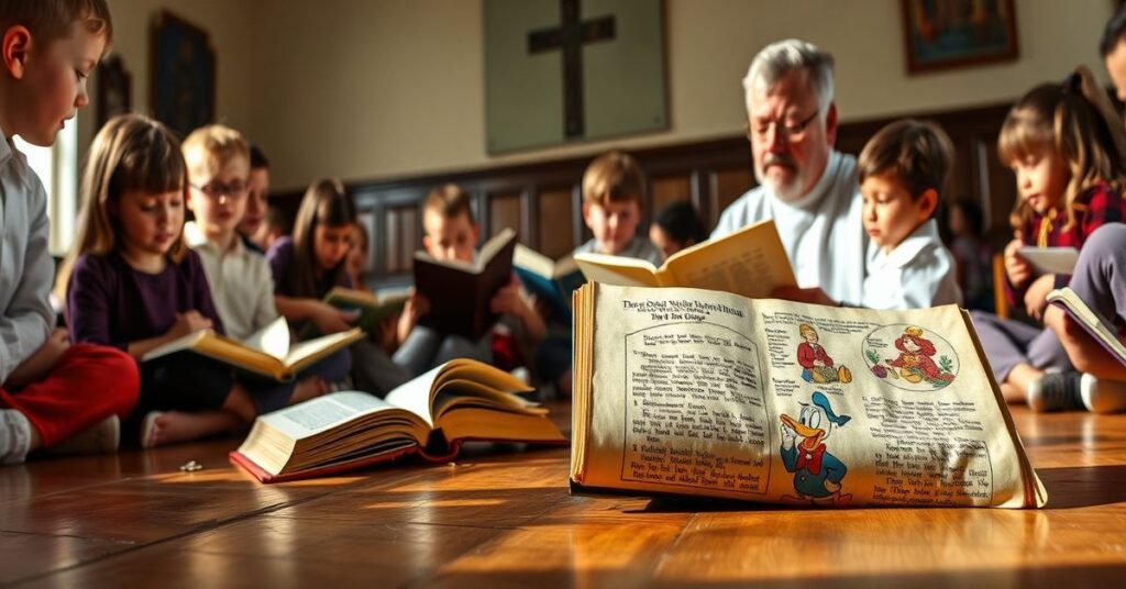 Pokój szkolny katolicki z dziećmi czytającymi święte księgi pod kierunkiem kapłana. Na tle leży porzucony komiks o Kaczorze Donaldzie.
