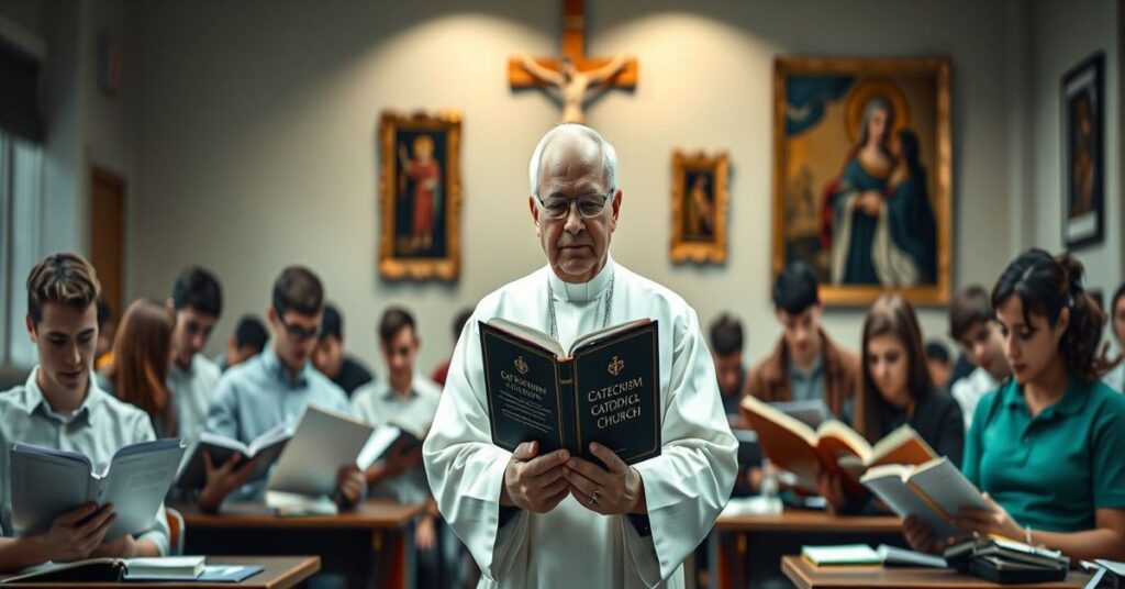 Ksiądz katolicki w tradycyjnych szatach liturgicznych stoi przed grupą studentów w nowoczesnej sali wykładowej. Studenci są zanurzeni w świeckich podręcznikach, podczas gdy ksiądz trzyma starannie przetarte wydanie Katechizmu Kościoła Katolickiego.