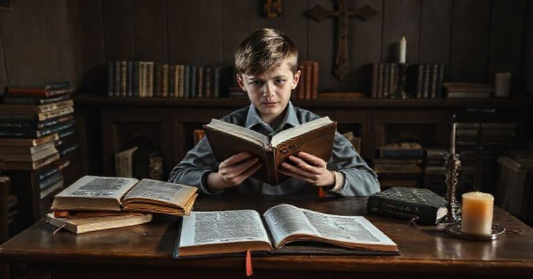 Młody katolicki uczeń z klasycznymi książkami katolickimi na biurku, kontrastującymi z nowoczesną literaturą na podłodze