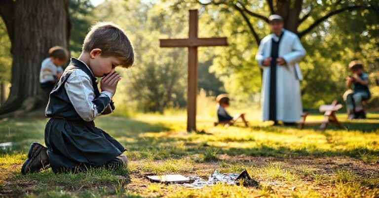 Młody chłopiec w stroju szkolnym modliący się przed krzyżem w otoczeniu natury z rozbitym smartfonem u jego stóp.