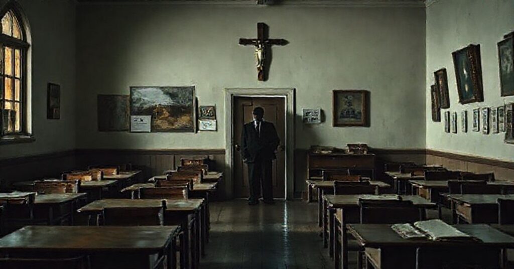 Wizja opuszczonej klasy szkolnej z krzyżem na ścianie, symbolizująca zanik katolickiej edukacji duchowej.