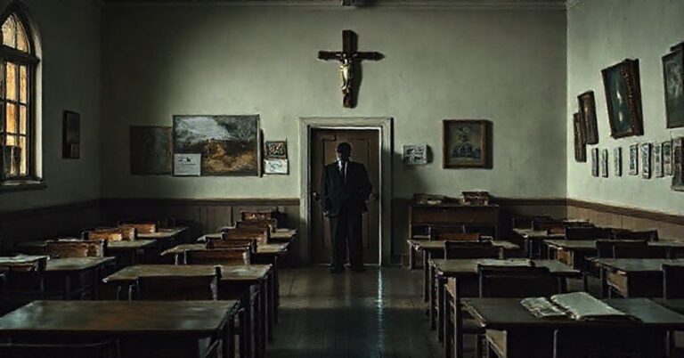 Wizja opuszczonej klasy szkolnej z krzyżem na ścianie, symbolizująca zanik katolickiej edukacji duchowej.