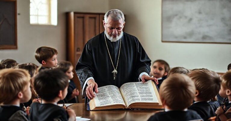 Sobór katolicki klasa z księdzem nauczającym o wartości ciała z perspektywy nadprzyrodzonej