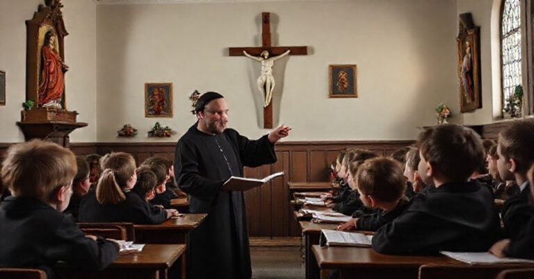 Tradycyjna sala katechetyczna z katechetycznym nauczaniem przedsoborowym