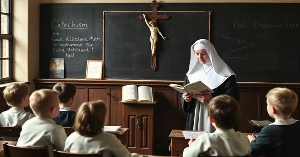 Ponura salę lekcyjną z tradycyjną tablicą i krzyżem, gdzie zakonnica w habitacie uczy dzieci katechizmu z przedwatykańskich podręczników. Scena podkreśla powagę i święte obowiązki wychowawcze w prawdziwym Kościele.