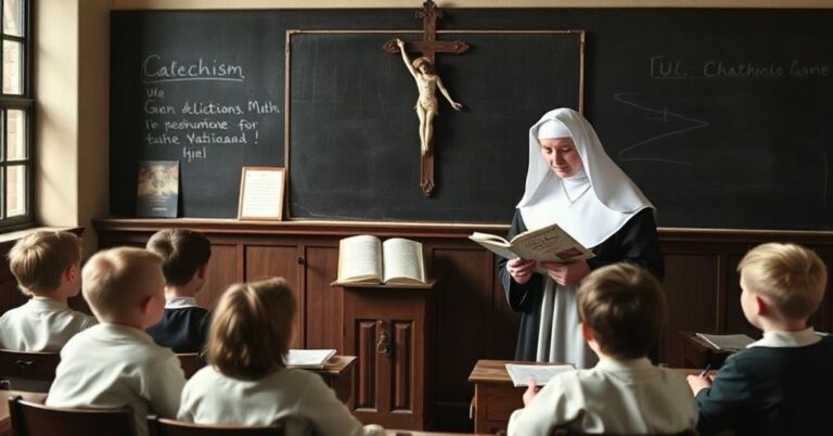 Ponura salę lekcyjną z tradycyjną tablicą i krzyżem, gdzie zakonnica w habitacie uczy dzieci katechizmu z przedwatykańskich podręczników. Scena podkreśla powagę i święte obowiązki wychowawcze w prawdziwym Kościele.