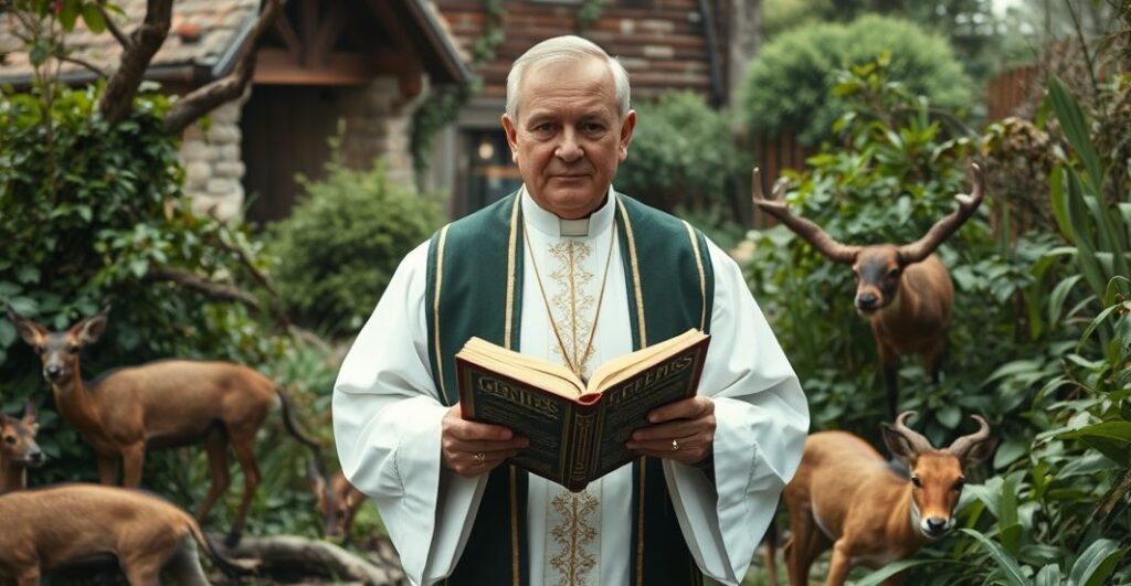 Ksiądz w stroju liturgicznym stoi w zniszczonym ogrodzie otoczony przez dzikie zwierzęta, trzymając Biblię otwartą na Księdze Rodzaju 1:28. Scena ukazuje chaos i brak szacunku dla boskiego porządku, z nadchodzącą przyrodą niszczącą ludzkie siedlisko.