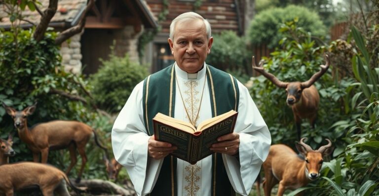 Ksiądz w stroju liturgicznym stoi w zniszczonym ogrodzie otoczony przez dzikie zwierzęta, trzymając Biblię otwartą na Księdze Rodzaju 1:28. Scena ukazuje chaos i brak szacunku dla boskiego porządku, z nadchodzącą przyrodą niszczącą ludzkie siedlisko.