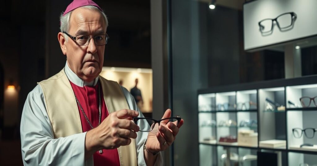 Książ tradycyjny w szatach liturgicznych trzyma okulary przed sklepem optycznym.