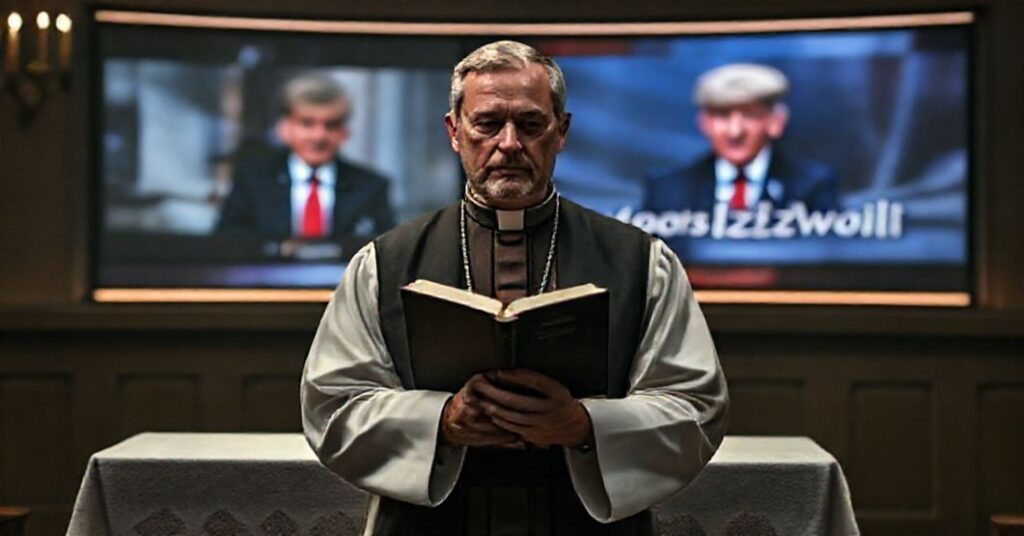 Ksiądz w tradycyjnych szatach liturgicznych przed ołtarzem z Biblią, refleksyjny na tle news studio z manipulowanymi nagraniami Donald Trumpa.