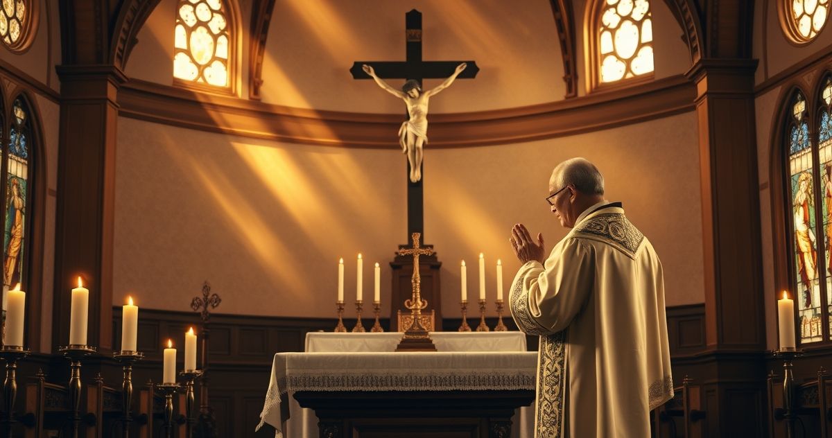 Scena katolicka z ołtarzem, krucyfiksem i kapłanem w czasie Eucharystii, oddająca atmosferę duchowej wolności i wiernej kontemplacji wiary.