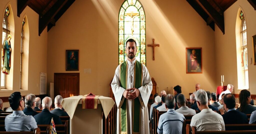 Kleryk w tradycyjnych szatach liturgicznych modli się w kościele z obrazami Jezusa Chrystusa na witrażach