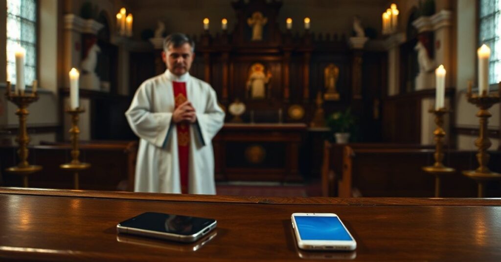 Tradycyjny katolicki ksiądz w liturgicznych szatach stoi przed wyznalnią, jego ręce skrzyżowane w modlitwie, podczas gdy smartfon leży na ławce. Ciemne wnętrze kościoła z rzeźbami świętych i migoczącymi poświatami świec kontrastuje z zimnym cyfrowym blaskiem urządzenia