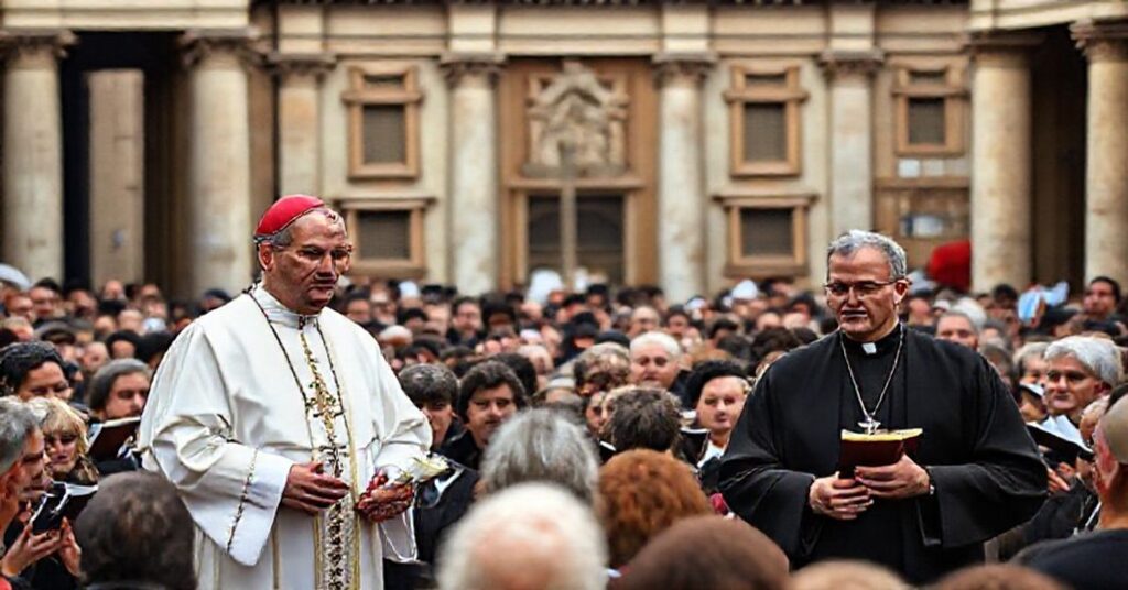 Zbieranie katolików w Rzymie Przygotowujących się do dyskusji teologicznej na tle rzymskiej architektury.