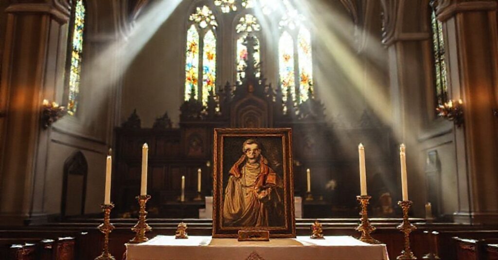 Solemne wnętrze kościoła z promieniami słońca przechodzącymi przez witraże, podświetlającymi starą fotografię świętego. Zdjęcie kontrastuje tradycyjną katolicką sztukę fotograficzną z materialistyczną wystawą w Muzeum Fotografii w Krakowie.