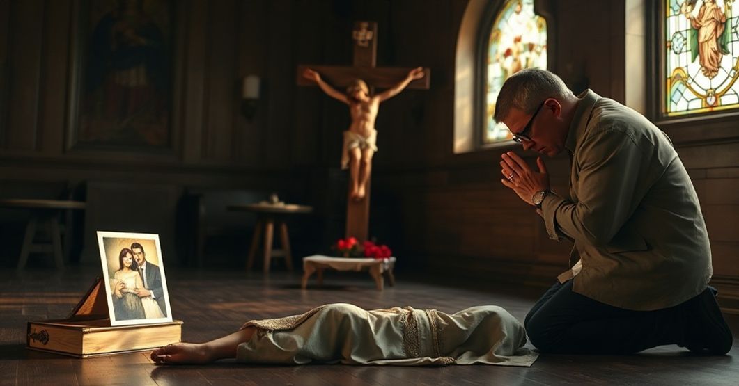 Kobieta katolicka modli się przed krzyżem obok odrzuconego zdjęcia pary homoseksualnej.