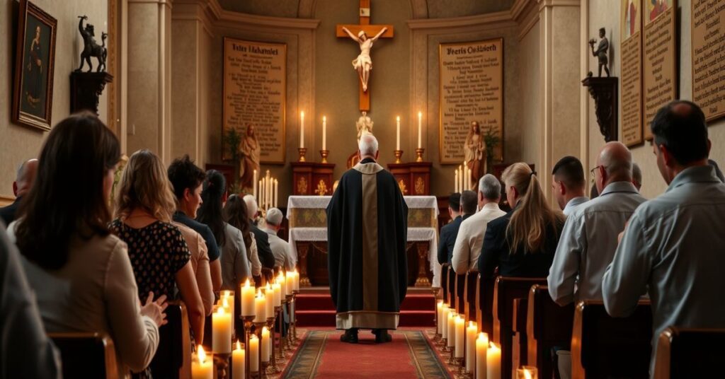 Tradycyjna katolicka Godzina Święta w starochłodnej kaplicy z wiernymi modlącymi się przed tabernakulum.