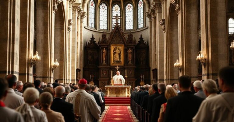 Obraz przedstawiający tradycyjną katolicką homilię w katedrze z arcybiskupem Wojciechem Polakiem na ambonie. Scena podkreśla duchowy i narodowy wymiar katolickiego nauczania o Bożym Królestwie i prawdziwej solidarności.