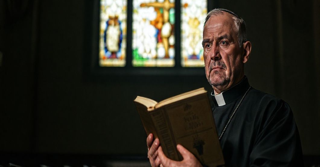 Poważny mężczyzna w tradycyjnym ubraniu katolickim, trzymający książkę Franza Kafki, stojący przed witrażem przedstawiającym ukrzyżowanie w ciemnym kościele.