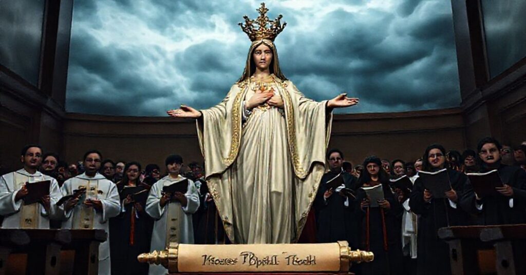 Sobór katolicki z tradycyjną statuą Niepokalanego Serca Maryi jako Matki Bolesnej, otoczona protestującymi wiernymi.