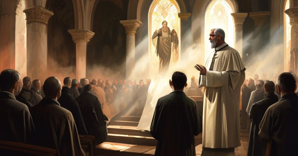 Kapelanka katolicka z rzeźbą Chrystusa Króla i modlących się ludzi, symbolizująca upadek moralny społeczeństwa.