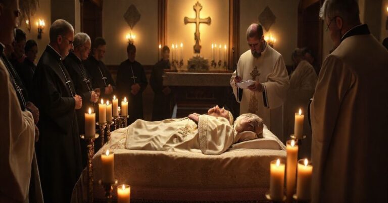 Tłumaczenie: Tradycyjny katolicki urok w kaplicy z arcybiskupem Józefem Michalikiem w łóżeczku, otoczonym biskupami w sutannach i kapłanem administrującym sakramentem chorych w tradycyjnym obrządku rzymskim.