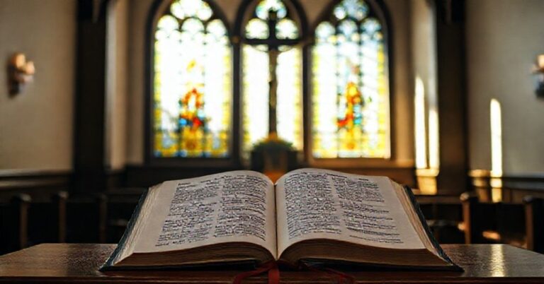 Tradycyjna katolicka kaplica z otwartą Biblią na ołtarzu, przedstawiająca fragment z Księgi Rzymian 13:4 o sprawiedliwej władzy.