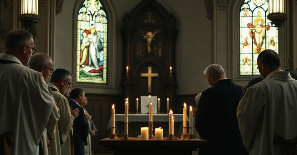 Wnętrze tradycyjnej katolickiej kaplicy z grupą duchownych w szatach liturgicznych skupionych wokół ołtarza z zapalonymi świecami. Scena podkreśla powagę i pobudliwość tradycyjnego obrządku, akcentując jego sakralny charakter.