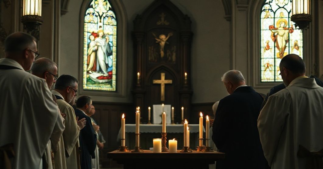 Wnętrze tradycyjnej katolickiej kaplicy z grupą duchownych w szatach liturgicznych skupionych wokół ołtarza z zapalonymi świecami. Scena podkreśla powagę i pobudliwość tradycyjnego obrządku, akcentując jego sakralny charakter.