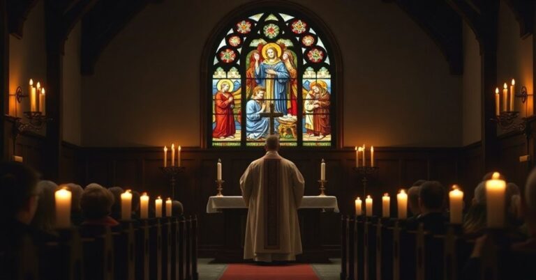 Sobótni kaplica z tradycyjnym ołtarzem i kapłanem w ornacie przed wiernymi. Witraż na tle przedstawia męczenników cierpiących za wiarę.