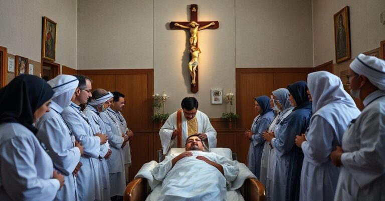 Kaplica szpitalna z kapłanem udzielającym sakramentu chorym pacjentowi w tradycyjnym otoczeniu katolickim