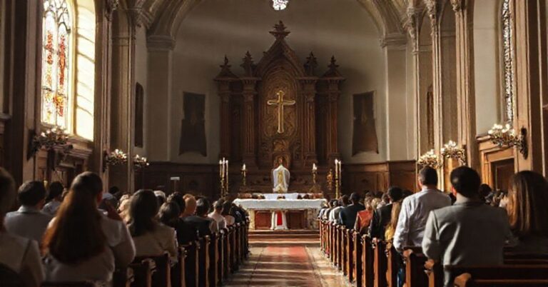 Tradycyjna kaplica uniwersytecka z uczniami modlącymi się podczas mszy trydenckiej w trakcie walki o prawdziwą edukację katolicką.