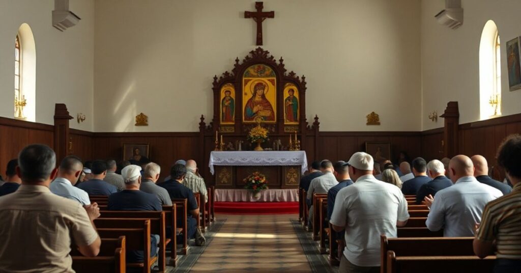 Kaplica katolicka w Wenezueli z uwolnionymi więźniami politycznymi modlące się przed ołtarzem