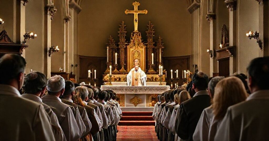 Solemna scena tradycyjnej mszy trydentyńskiej w kościele katolickim w Ełku z księdzem w sutannie i surplyce celebrującym Świętą Ofiarę. Ołtarz jest ozdobiony świecami, a tabernakulum jest widoczne. Na pierwszym planie grupa 56 katechistów słucha z uwagą kazania, ich twarze wyrażają pokorę i nabożeństwo. Zdjęcie oddaje uroczystość i świętość liturgii.