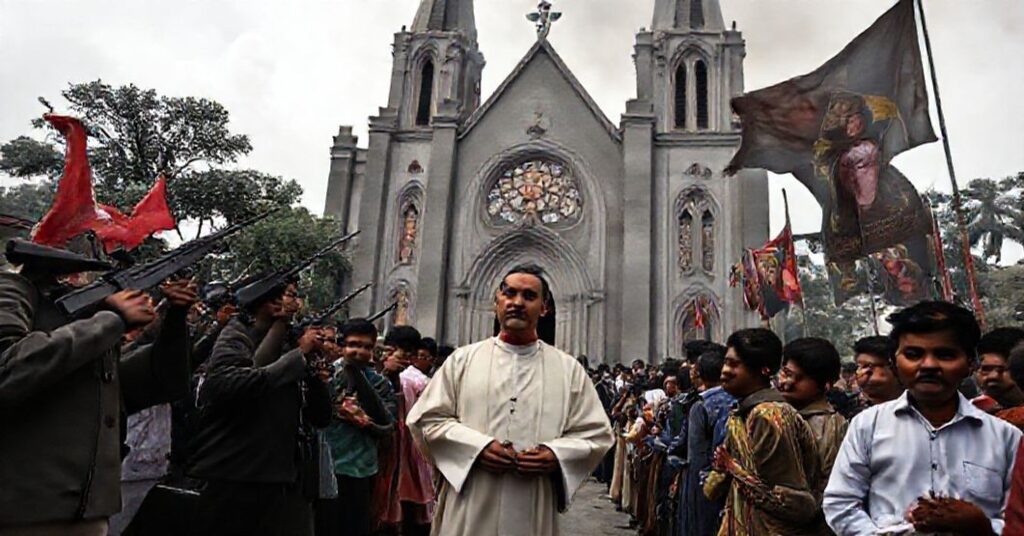 Katedra katolicka w Dhace otoczona dymem po atakach islamskich. Wierni modlą się pod kierunkiem tradycyjnego księża w sutannie, podczas gdy uzbrojeni muzułmanie czyhają w tle. Scena ujawnia konflikt wiary z prześladowaniem.
