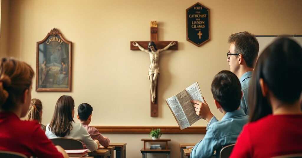 Scena w tradycyjnej katolickiej klasie z krucyfiksem na ścianie i nauczycielem wyjaśniającym zasadzie etyki chrześcijańskiej.