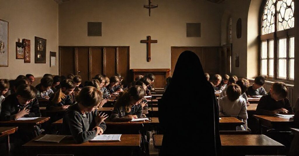 Scena klasowa z wiernymi uczniami modlącymi się w tradycyjnym stylu katolickim w opozycji do cieniowej figury symbolizującej sekularyzację edukacji zdrowotnej.