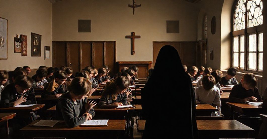 Katolicka klasa modli się w obliczu ideologicznego wychowania Scena klasowa z wiernymi uczniami modlącymi się w tradycyjnym stylu katolickim w opozycji do cieniowej figury symbolizującej sekularyzację edukacji zdrowotnej.