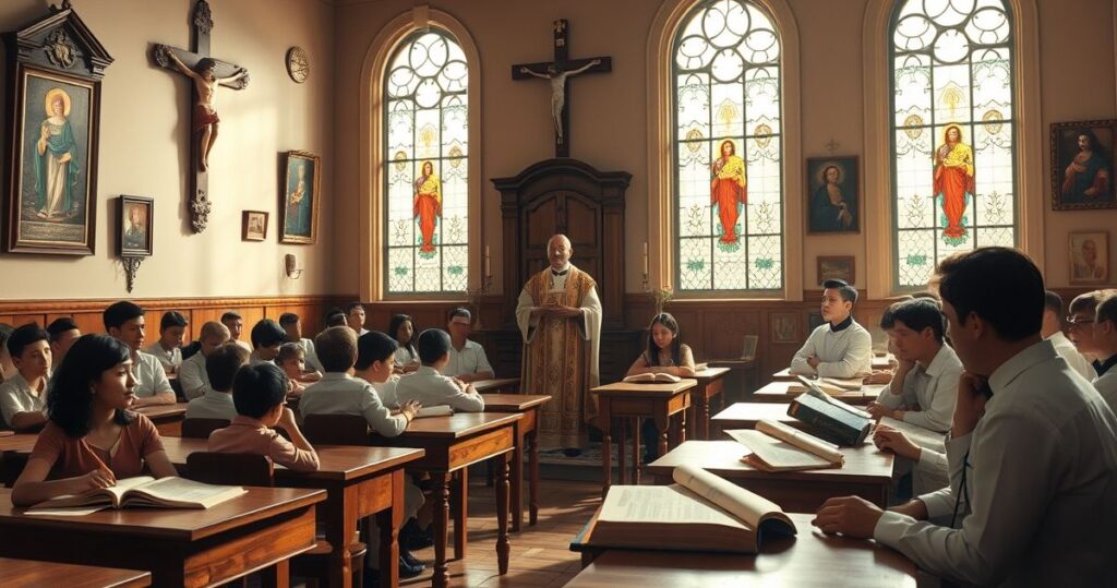 Tradycyjna katolicka klasa z księdzem i uczniami, symbolizująca obronę nauczania religijnego przeciwko nowoczesnym zmianom legislacyjnym