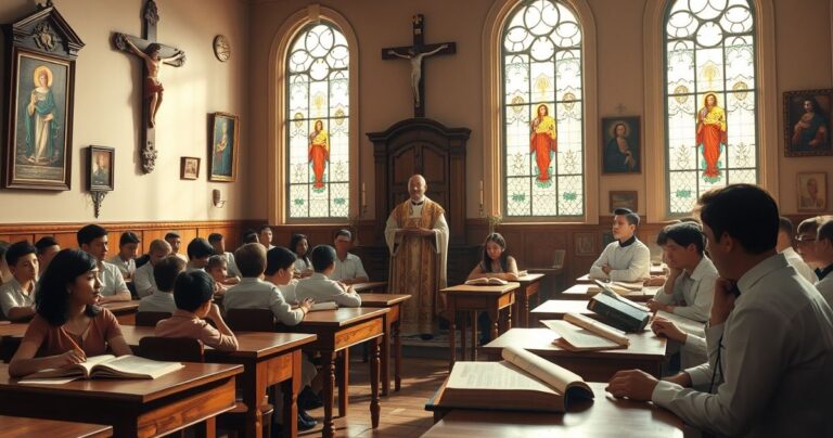 Tradycyjna katolicka klasa z księdzem i uczniami, symbolizująca obronę nauczania religijnego przeciwko nowoczesnym zmianom legislacyjnym