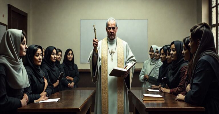 Sakramentalny obraz katolickiej klasy szkolnej z kapłanem w liturgicznych szatach, uczniami w skromnych strojach, trzymającymi krucyfiks i Biblię, ukazujący powagę i wiarę w kontekście kryzysu edukacji zgodnie z katolicką wizją.