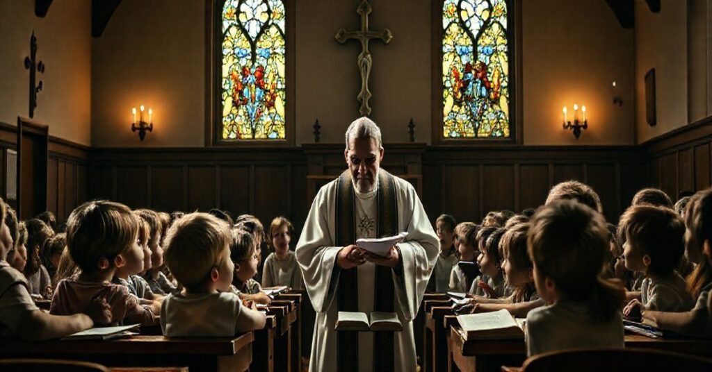Zdjęcie przedstawiające tradycyjną katolicką klasę lub kaplicę z dziećmi i kapłanem, podkreślające powagę i wiarę, kontrastującą z nowoczesnymi praktykami edukacyjnymi
