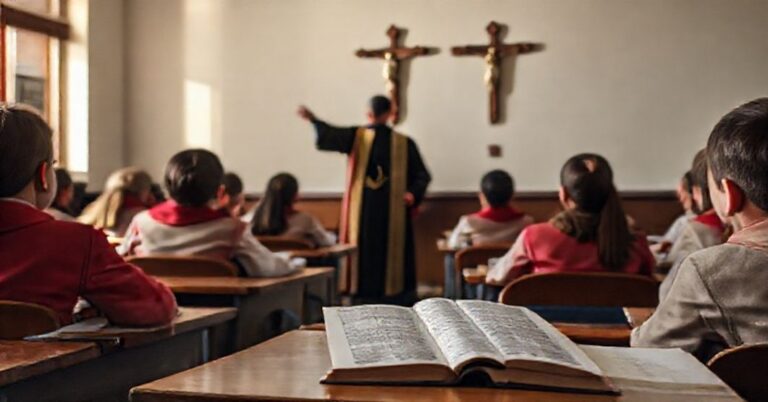 Uroczysty klasztor katolicki w Krakowie z nauczycielem w tradycyjnych szatach kościelnych i uczniami słuchającymi przy krzyżu. Scena podkreśla formację moralną i duchowość.