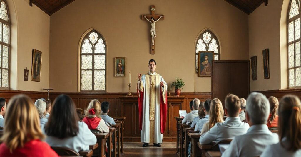 Uczony ksiądz w tradycyjnym stroju katolickim w klasie, podkreślający duchową formację nad technologią AI, z krucyfiksem i ikonami religijnymi na ścianie