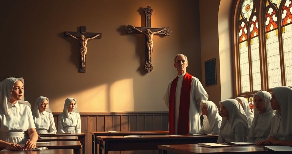 Obraz przedstawiający katolicki nauczyciela i uczniów w klasycznym, tradycyjnym otoczeniu, symbolizujący krytykę sekularyzacji edukacji w Kościele